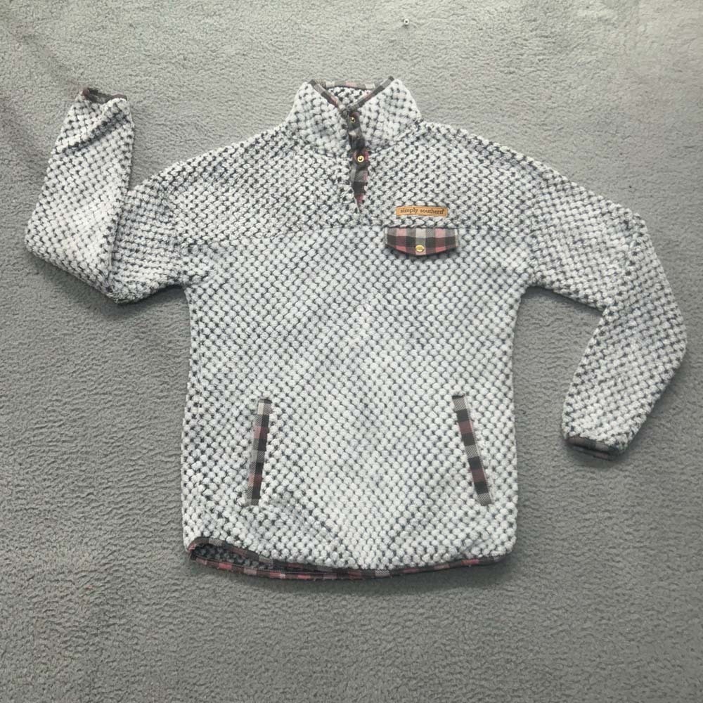 Simply Southern White and Black Patterned Fleece Pullover with Plaid Accents